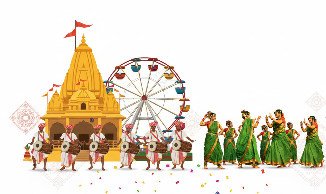 Chhattisgarhi temple, fair wheel, drummers and dancers